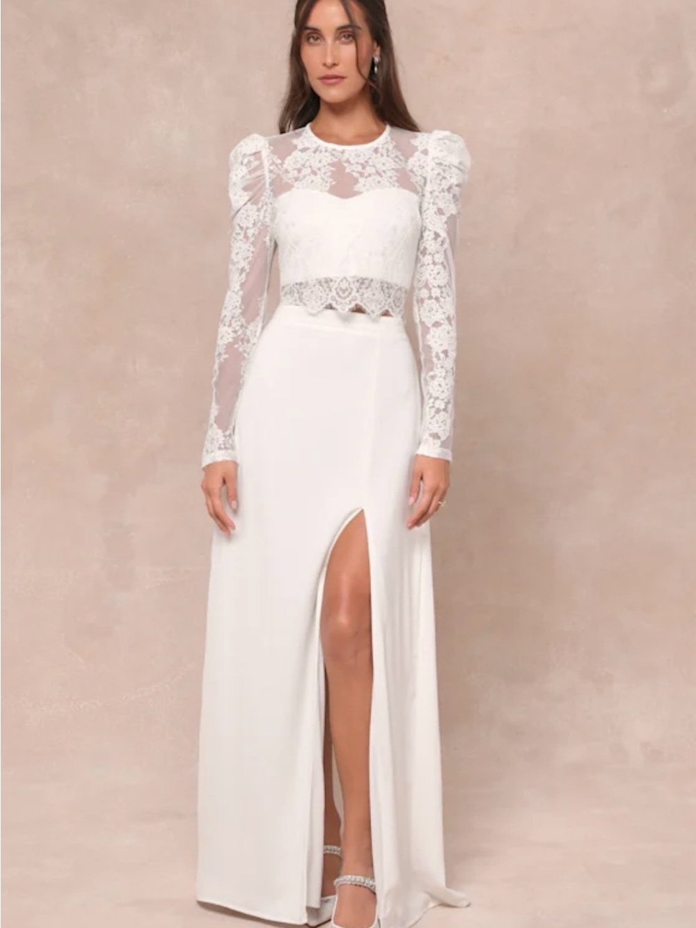 Lulu's Heavenly Promise White Lace Long-Sleeve Two-Piece Wedding Gown